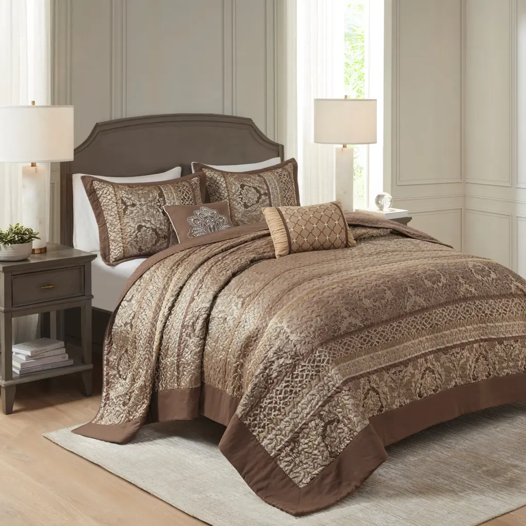 5 Piece Reversible Jacquard Bedspread Set Brown King Size Precious Metal Design jla