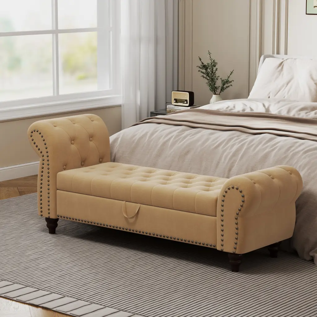 64.5 Inch Bed Bench Bedroom Nails Tufted Chaise Lounge Storage hdf store