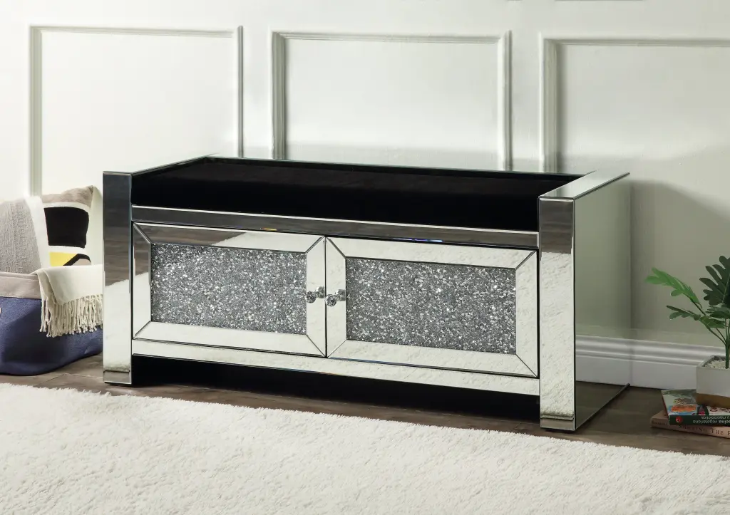Noralie Bench Storage, Mirrored & Faux Diamonds, Silver Glass Finish acme onsite store