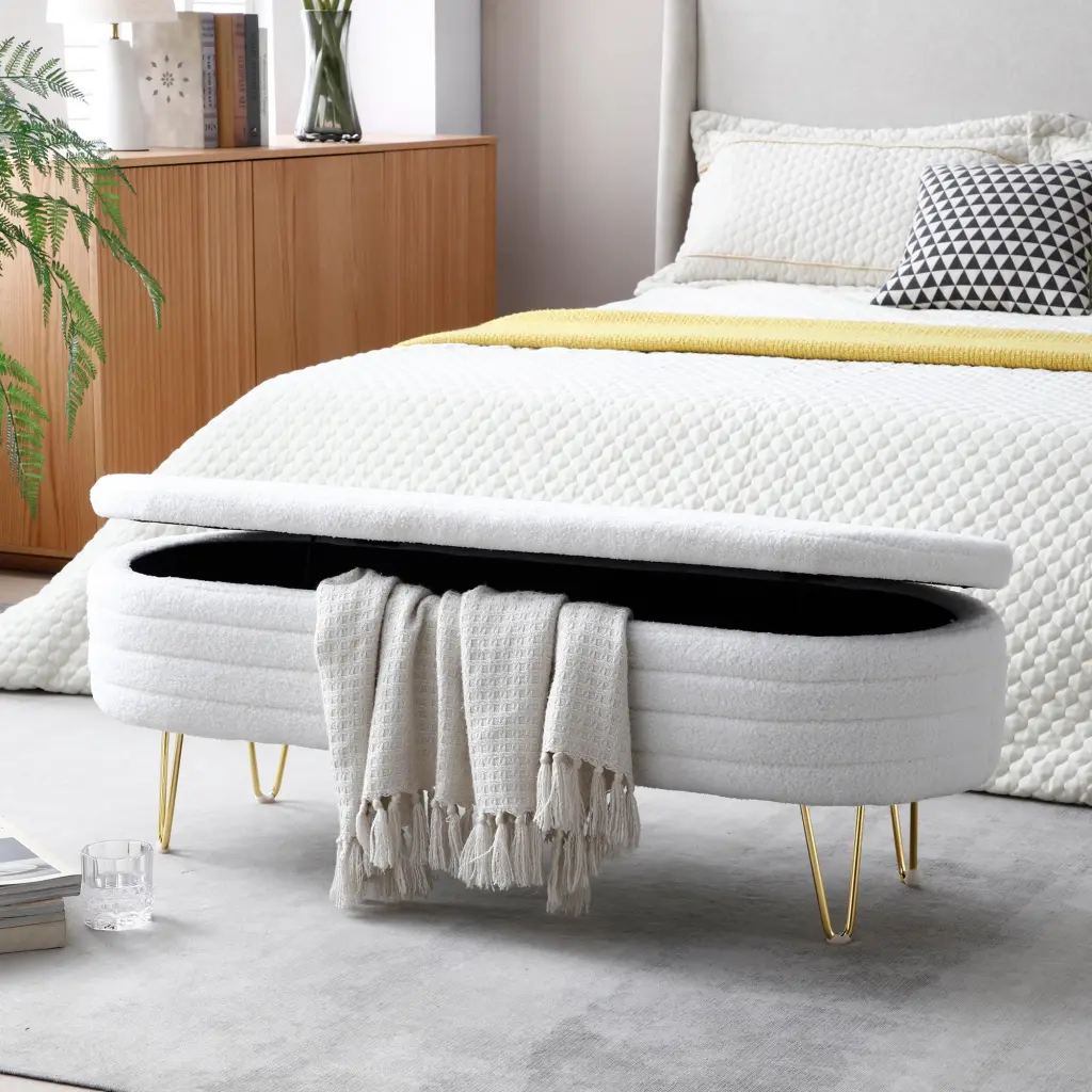 46.9 Inch Oval Storage Bench Upholstered Teddy Material Gold Legs aijiafurniture