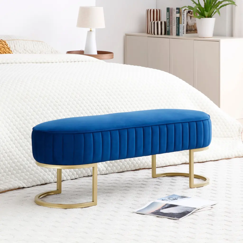 Velvet Oval Upholstered End Bed Bench Gold Legs aijiafurniture