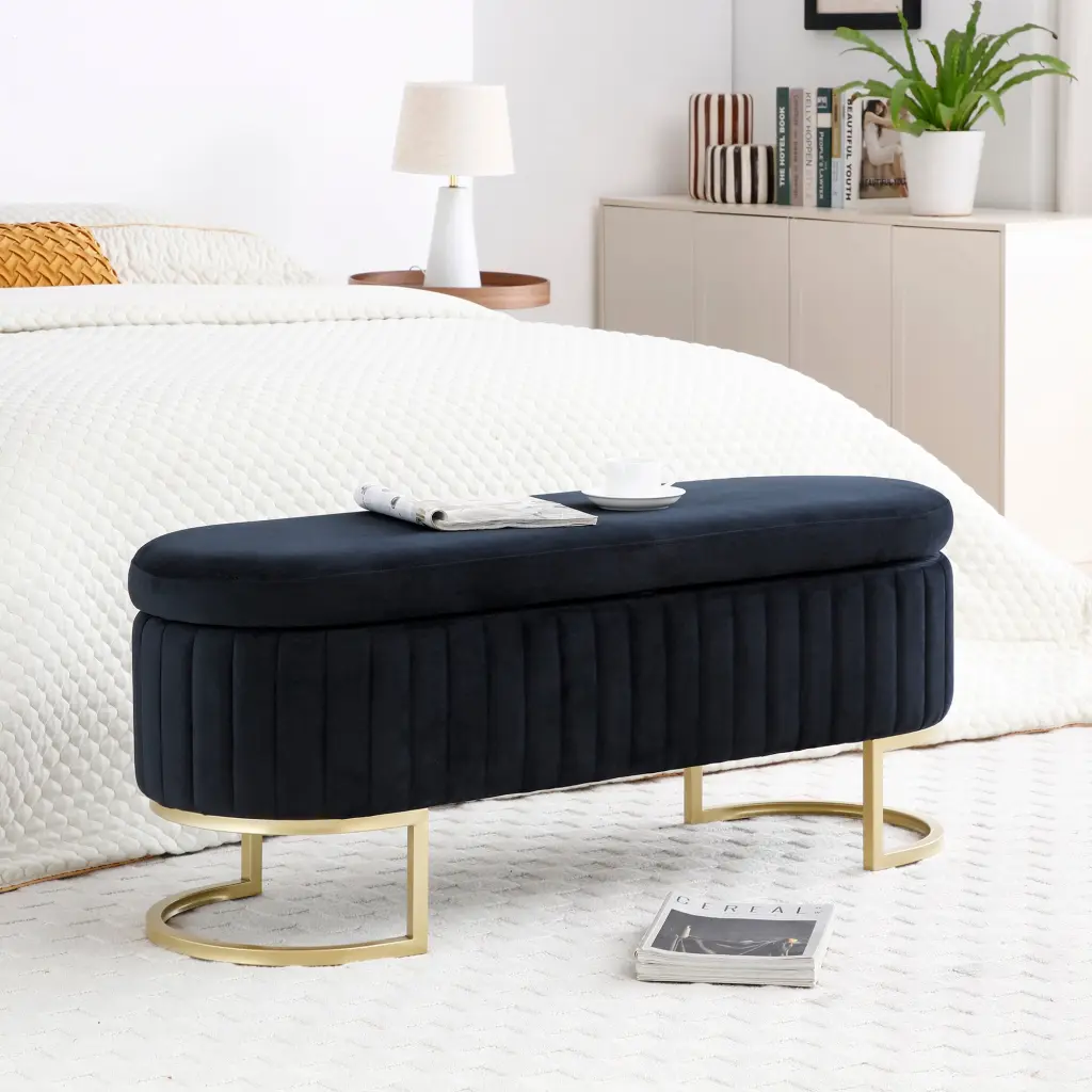 Velvet Oval Upholstered Storage Bench Bedroom End Bed aijiafurniture