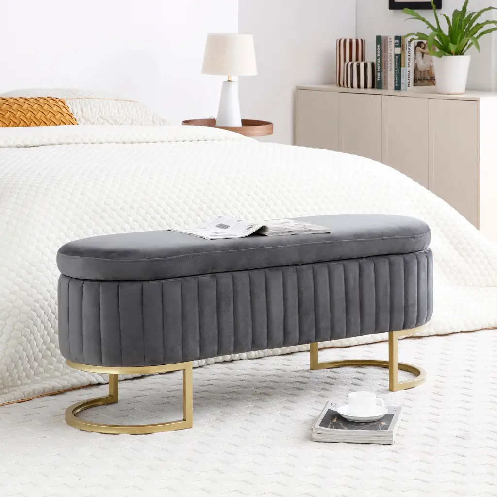 Velvet Upholstered Oval Storage Bench Bedroom, End Bed Bench Soft Seating aijiafurniture