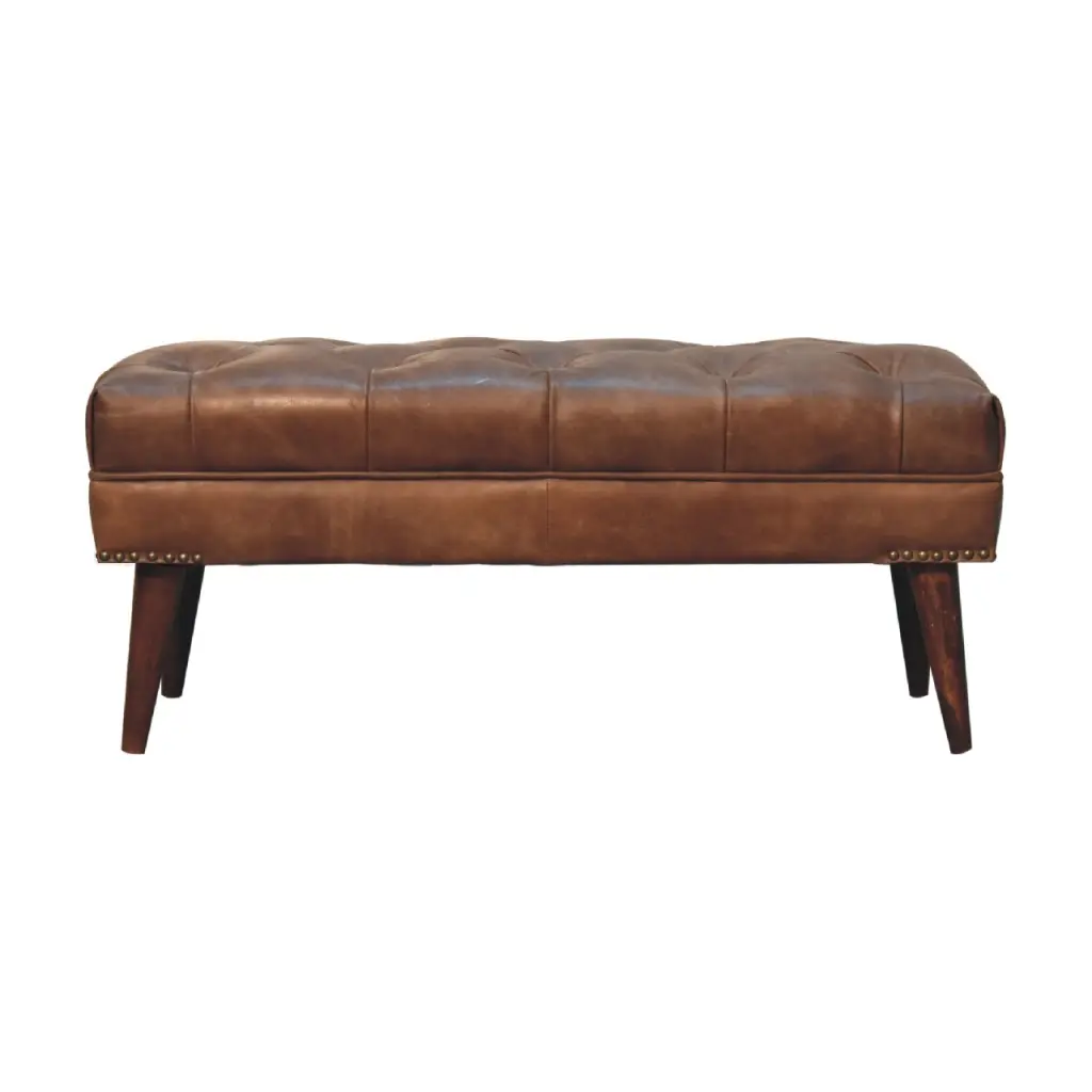 Harbour Brown Leather Bench Chestnut Solid Wood Storage Ottoman artisan furniture