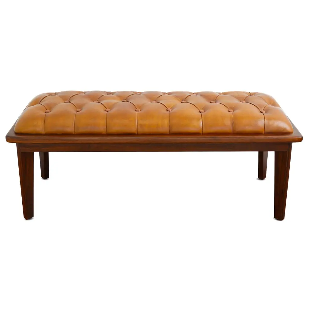 Arden Tan Leather Bench Buttons Brown Rustic Wood Genuine Leather ashcroft furniture