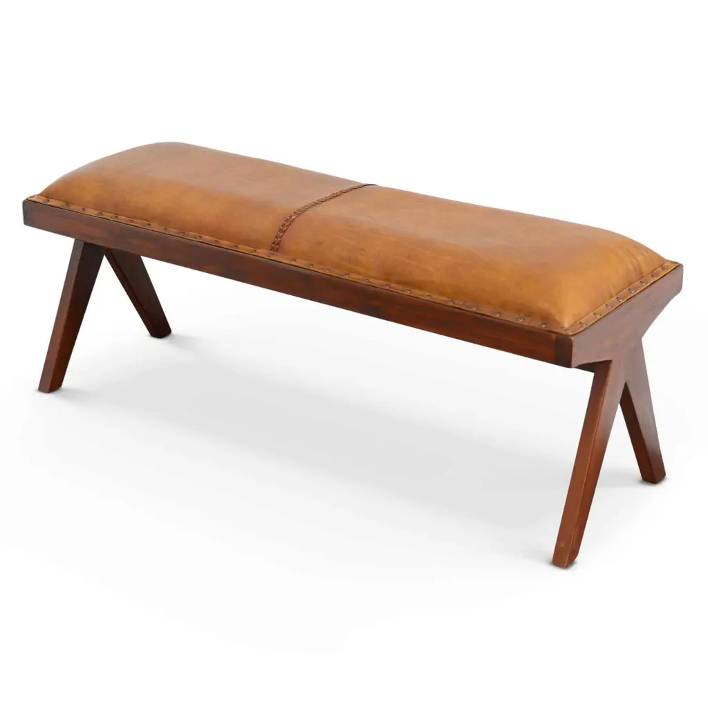 Chad Mid Century Modern Tan Hide Bench Brown Authentic Leather Seat ashcroft furniture