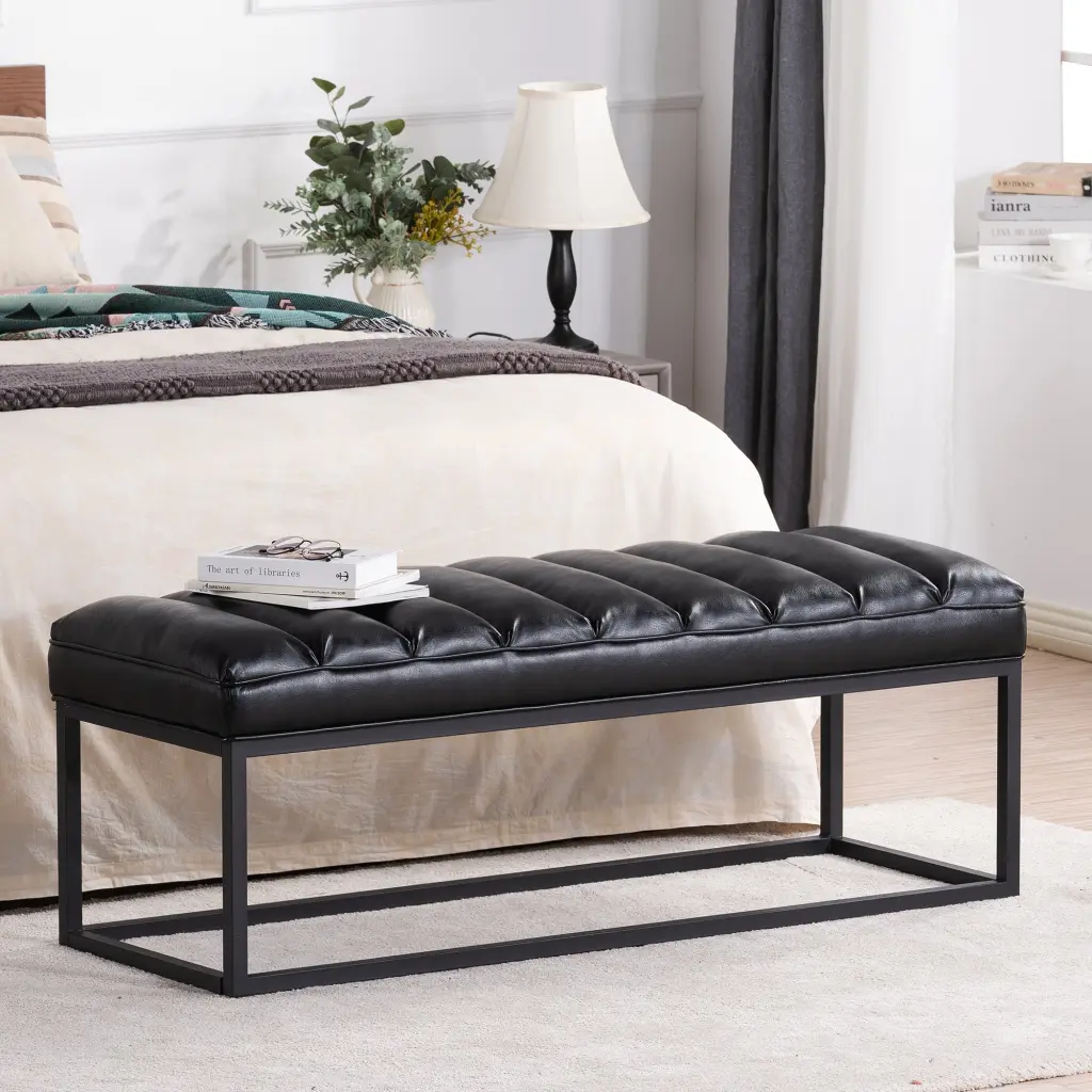 Metallic Base Upholstered Bench Bedroom or Entryway Black PU chairone house
