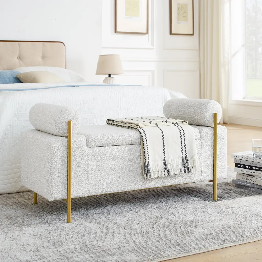 Elegant Linen Upholstered Storage Bench Cylindrical Arms and Iron Legs chuangyuan smart home