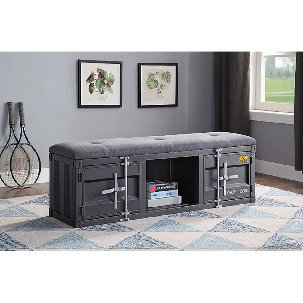Grey Gunmetal Storage Bench Industrial Modern Shelves furniture max