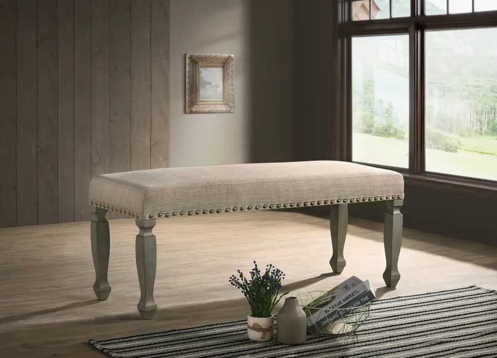 Breda Antique Gray Finish Upholstered Bench Tan Polyester Living Room Furniture hz