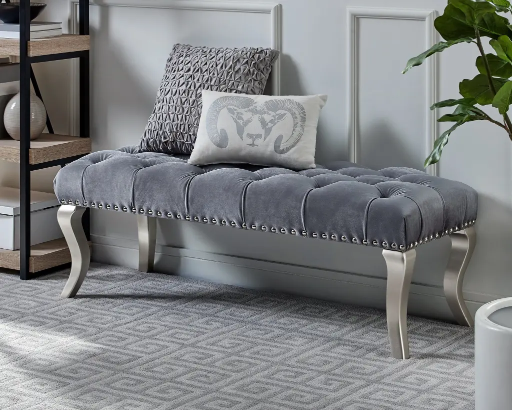 Decor Maxem Tufted Material Upholstered Bench Trim Gray Faux Hide hz