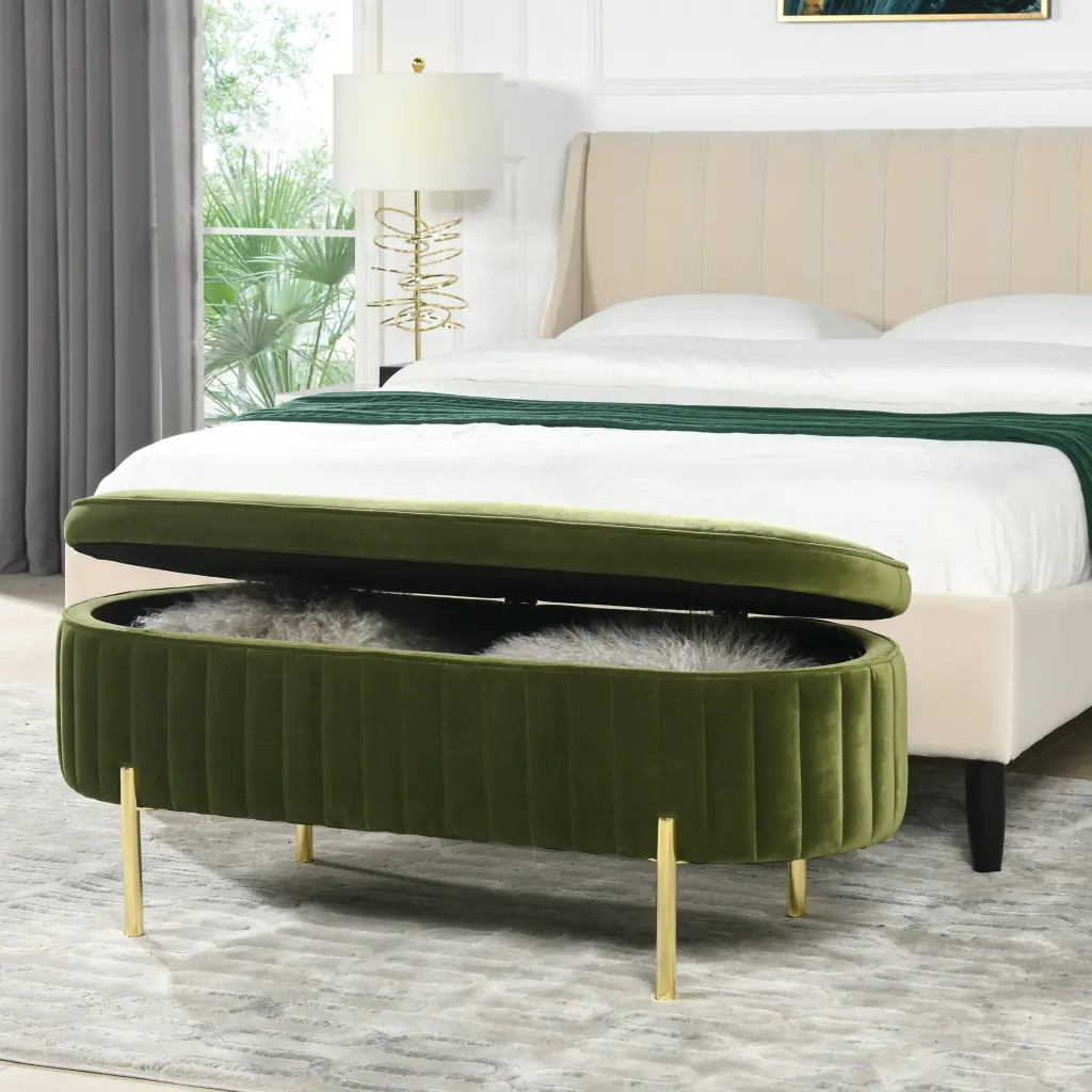 Chloe Modern Glam Storage Bench Olive Green Performance Velvet jennifer taylor home