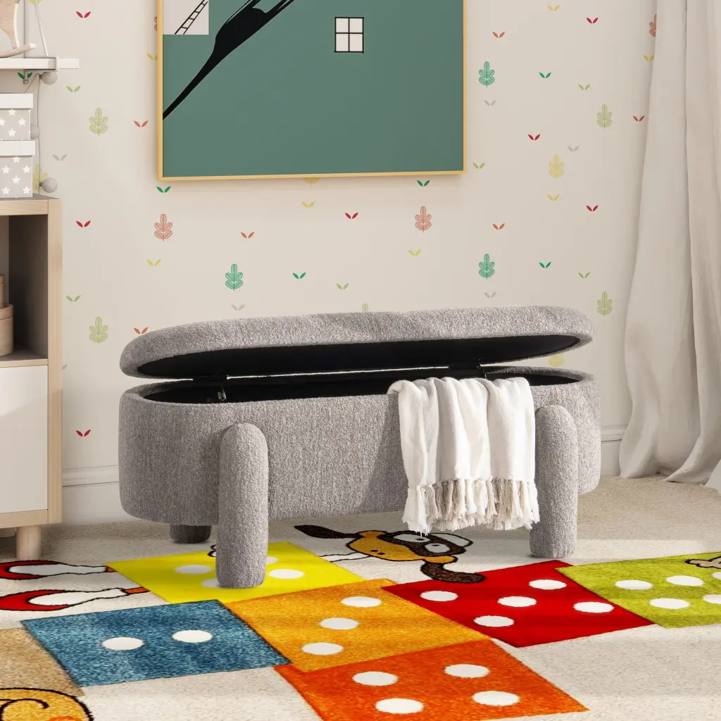 Hugo 49 Inch Oval Fully Upholstered Storage Bench, Boucle Brown Foam jennifer taylor home