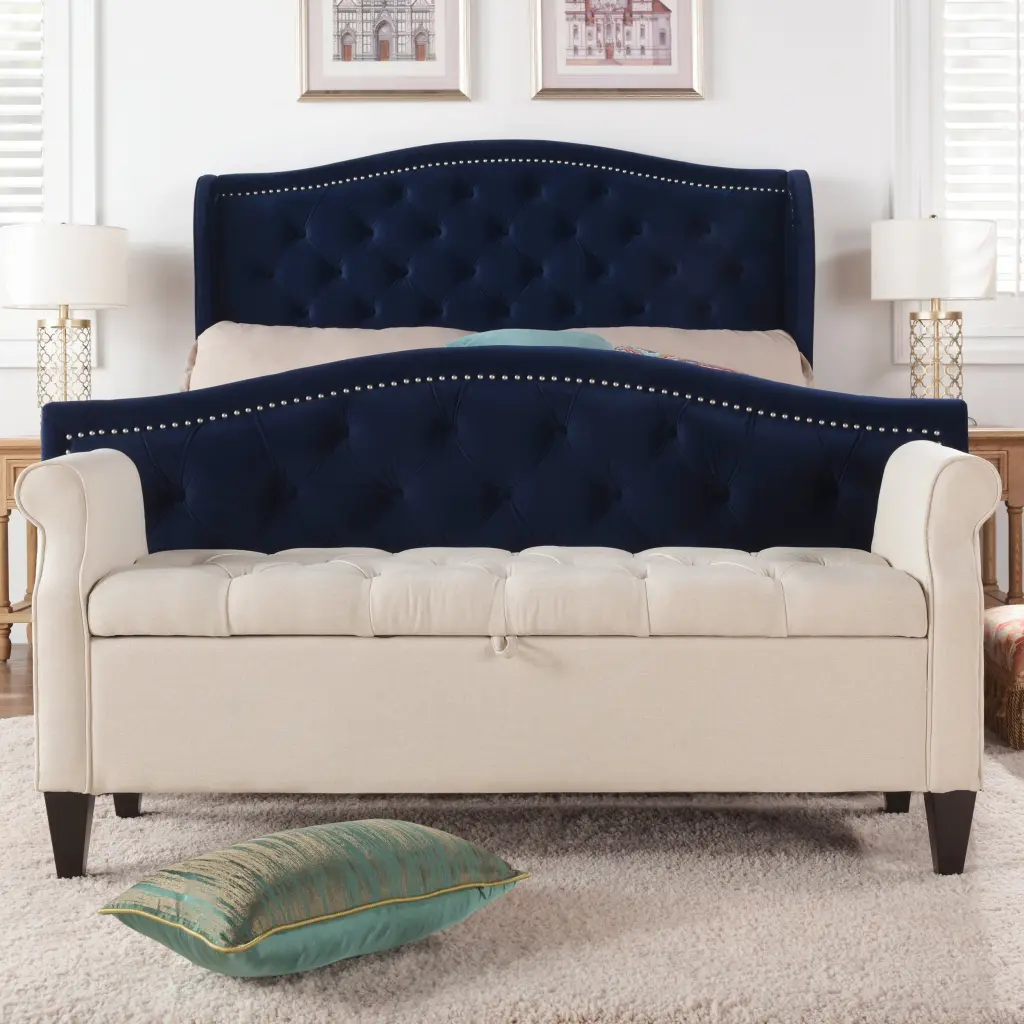 Jacqueline 57.5 Inch Tufted Roll Arm Storage Bench Sky Beige - Versatile Living Room Furniture jennifer taylor home