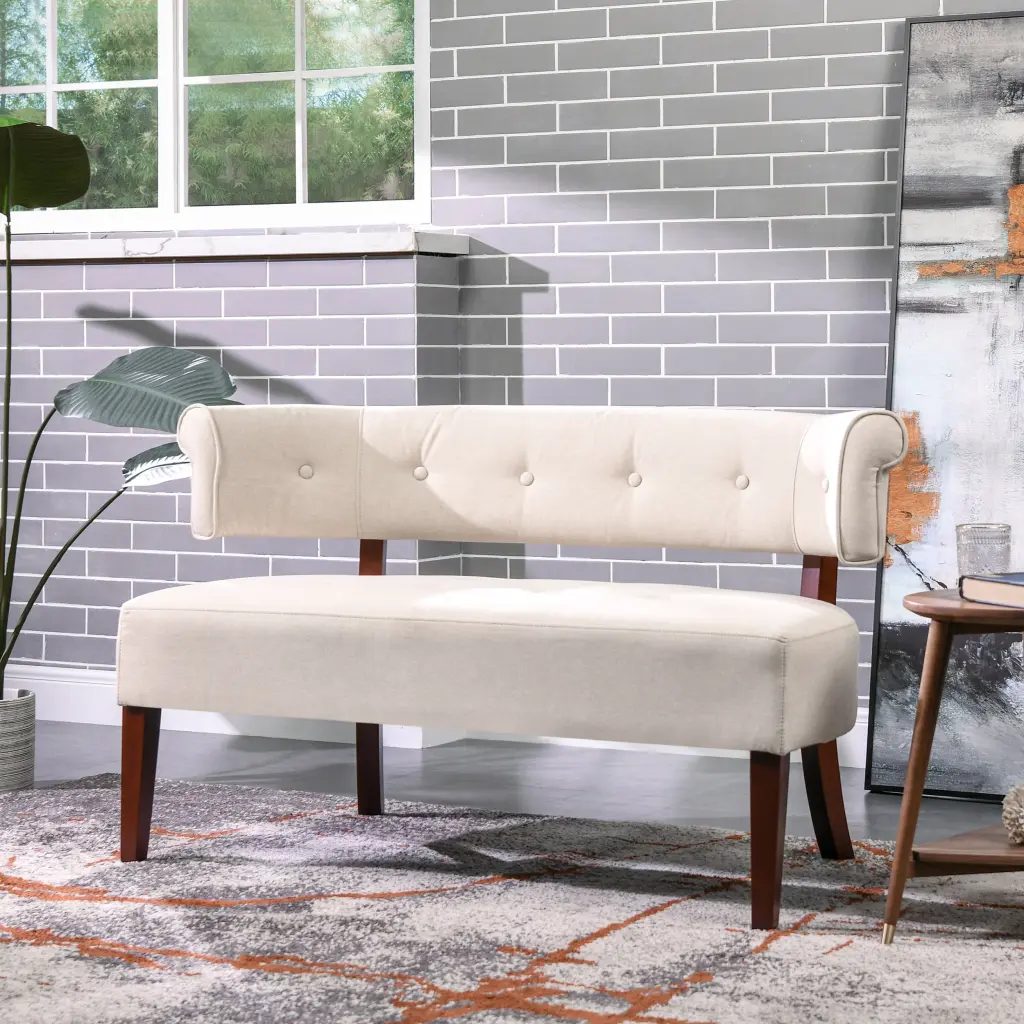 Jared Roll Arm Tufted Bench Settee Sky Neutral Beige Polyester jennifer taylor home