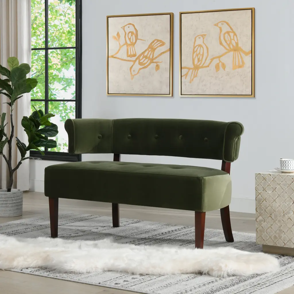 Jared Roll Arm Tufted Bench Settee Olive Green Performance Velvet Living Room jennifer taylor home