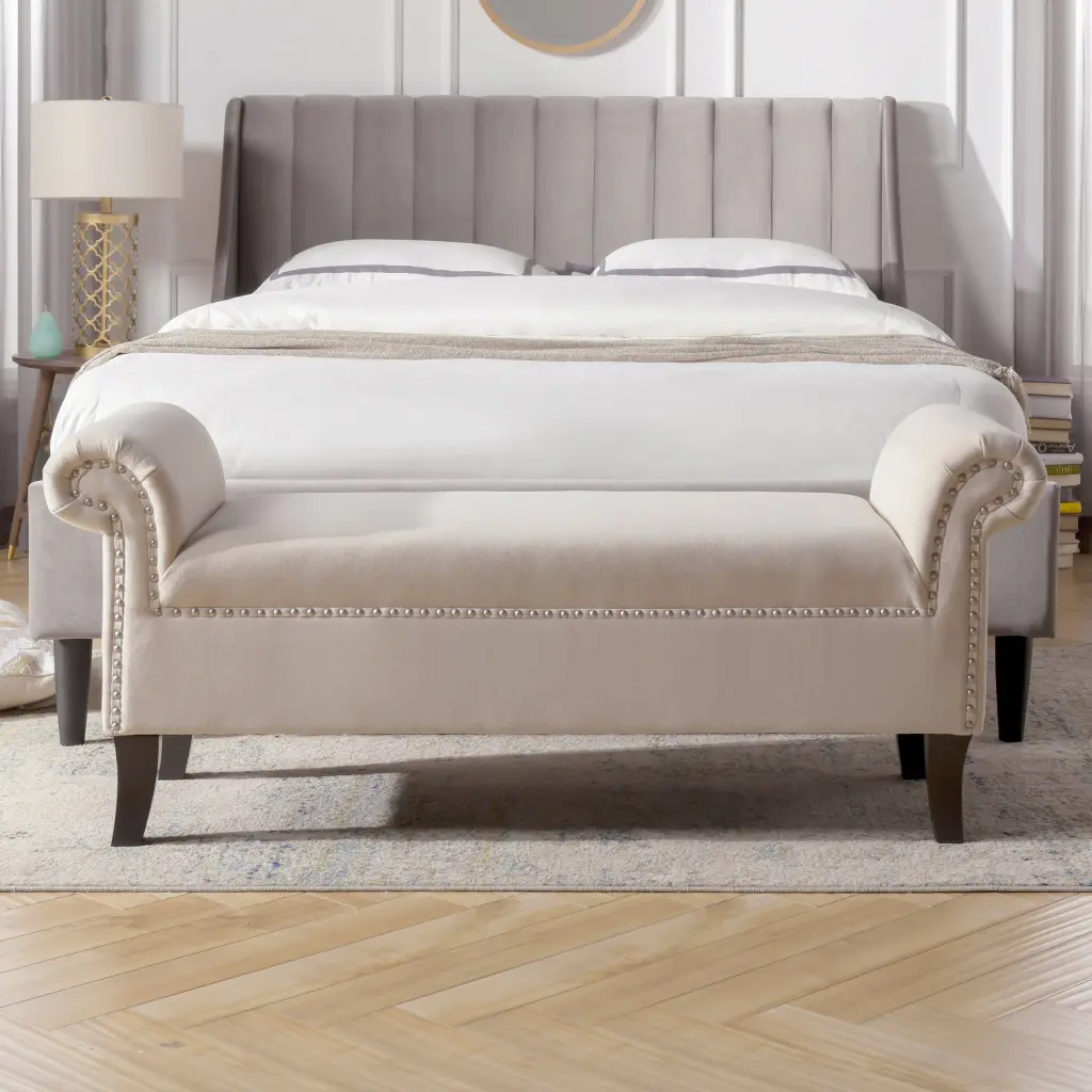 Kathy Roll Arm Entryway Accent Bench Sky Neutral Beige Polyester Upholstered Seat jennifer taylor home