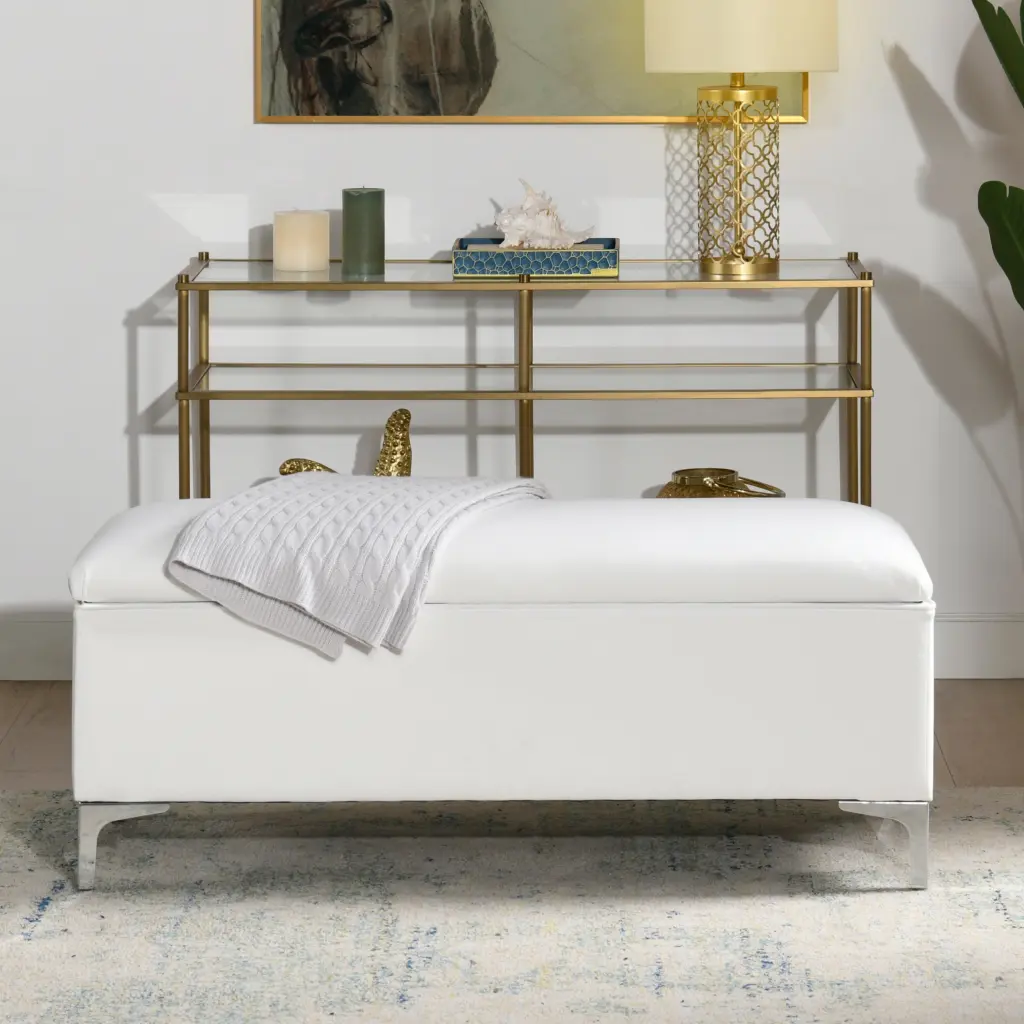 Madelyn 49 Inch Modern Storage Bench Bright White Dye White Foam Fabric jennifer taylor home
