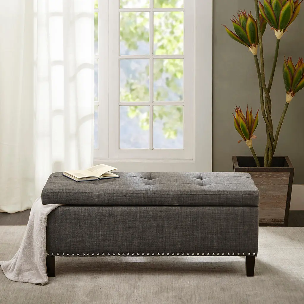 Tufted Top Soft Close Storage Bench Charcoal Polyester Upholstered Seat jla