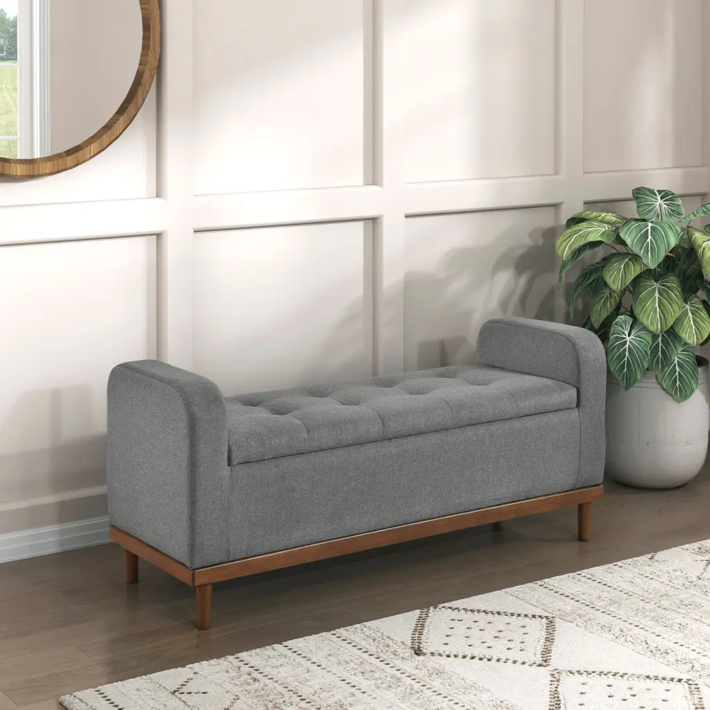 Mid Century Modern Lift Top Storage Bench Tufted Gray Upholstered kanepe