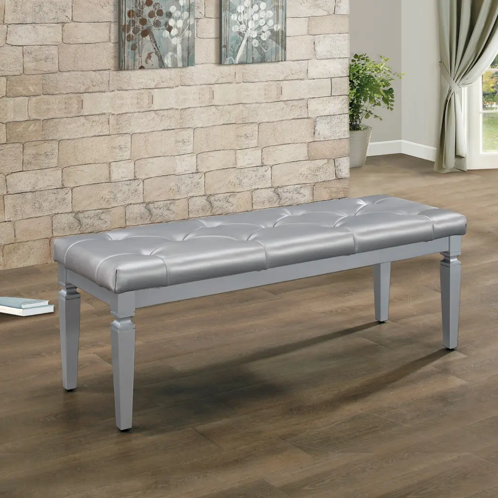 Modern Glam Silver Finish 1 Piece Bench Tufted Seat Foam Cushioned Faux Leather kanepe