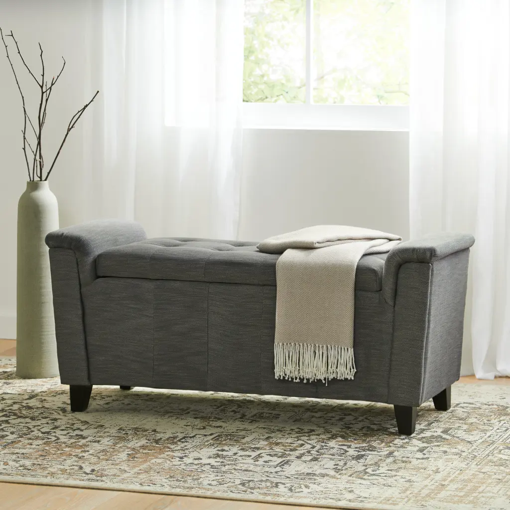 Alden Armed Storage Bench Gray Material Upholstered Seat nh-cloudhouse
