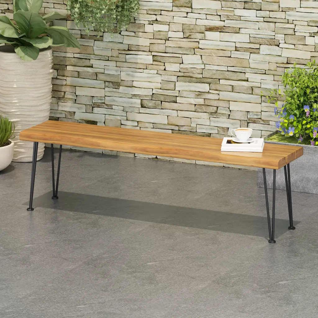 Zion Industrial Wood And Metal Rectangular Bench Teak Wood nh-vivalux