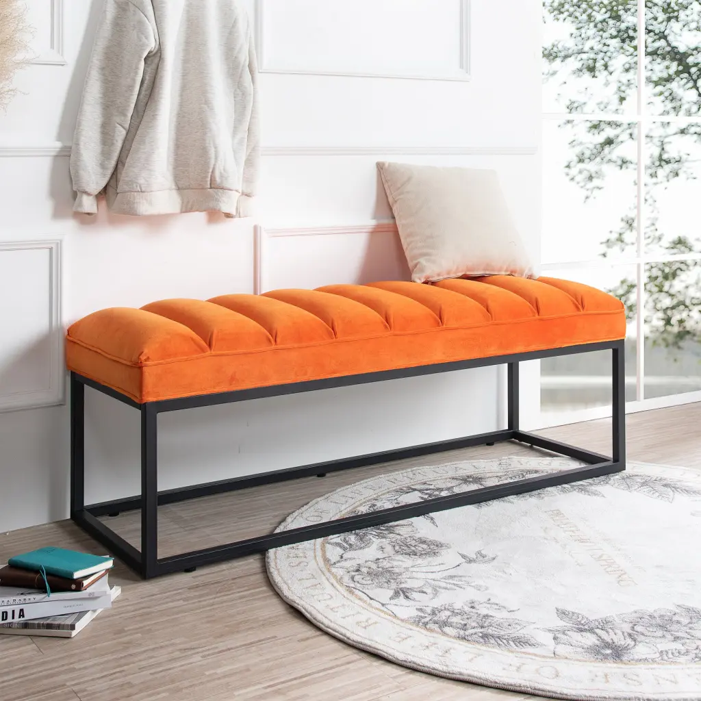 Metal Base Upholstered Bench Bedroom Entryway Orange Material rnb