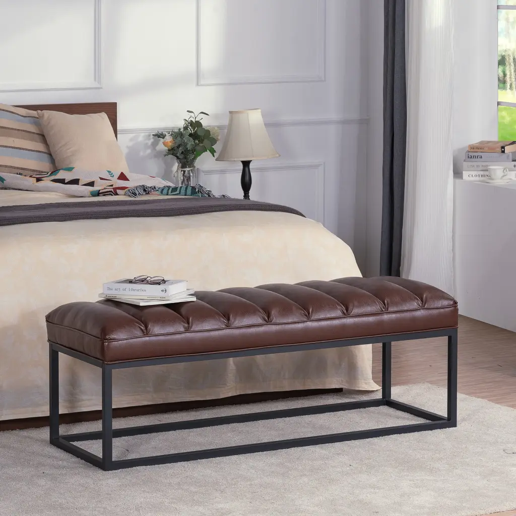 Metallic Base Upholstered Bench Bedroom Entryway Dark Brown PU Leather rnb
