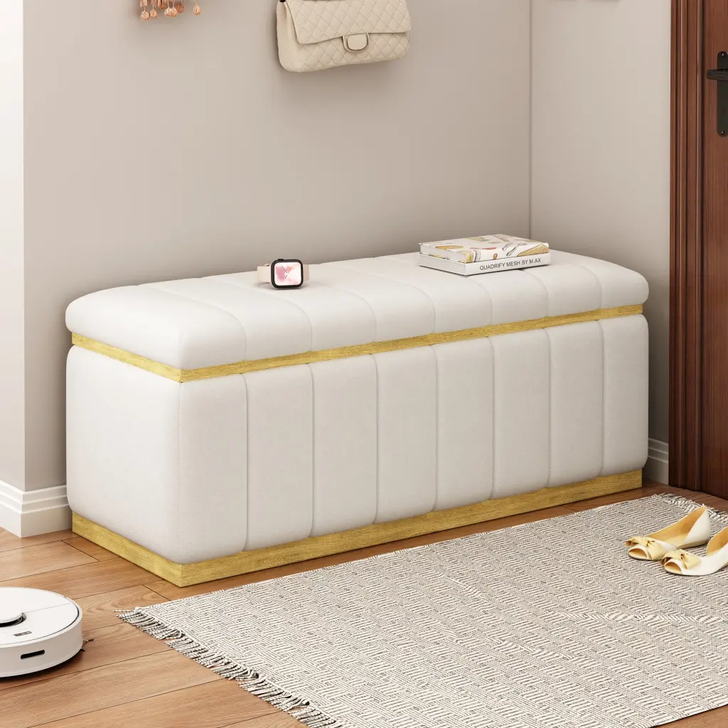 Linen Upholstered Solid Timber Frame Bench Large Storage Space vinnas