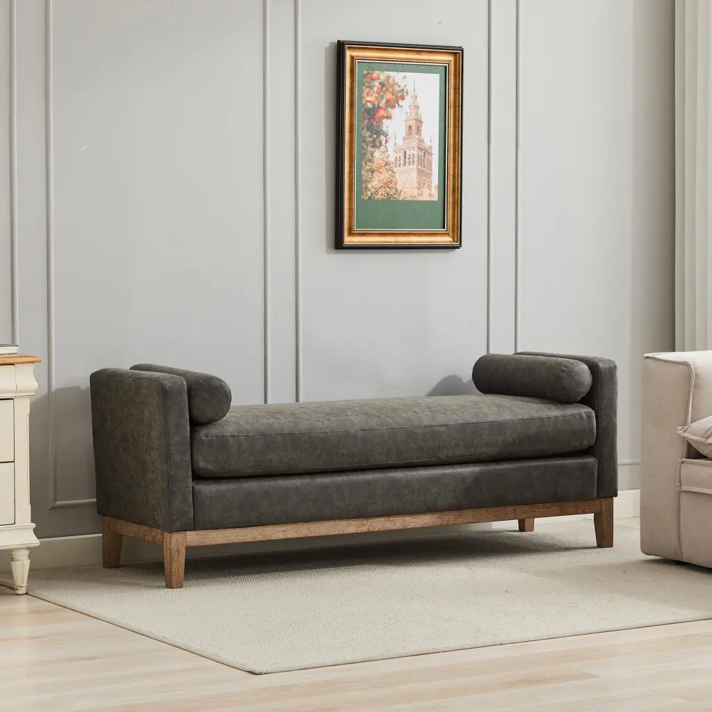 66.34 Inch Elegant Upholstered Bench Daybed Ottoman Timber Legs and 2 Backrests w1852