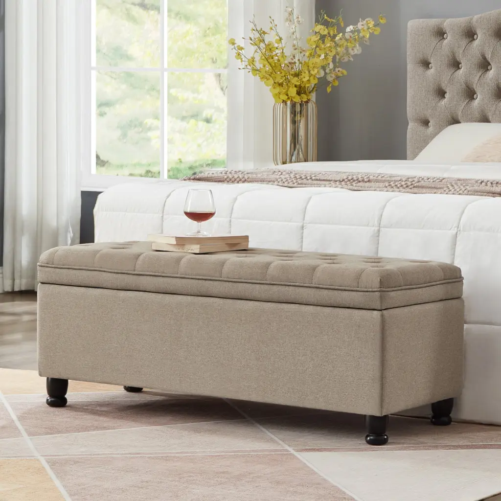 Upholstered Tufted Button Storage Bench Linen Material Entry Bench wm home furniture