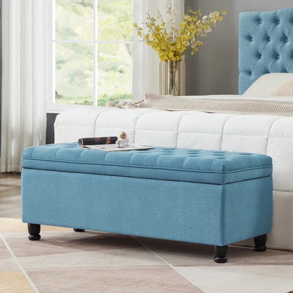 Upholstered Tufted Button Storage Bench Linen Material Entryway Bench wm home furniture