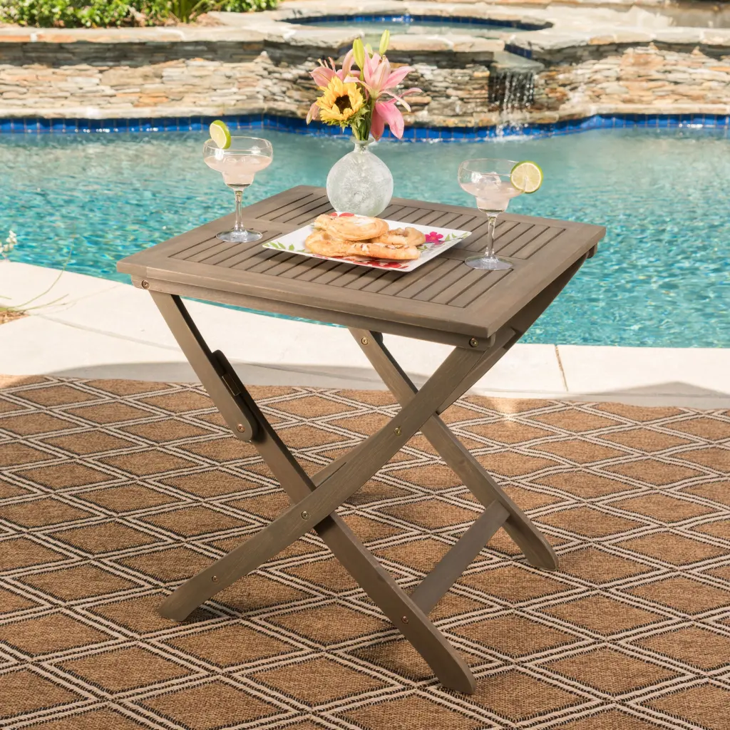 Positano 25 Inch Collapsible Bistro Table Grey Acacia Wood Outdoor Patio Table nh-gardenpara