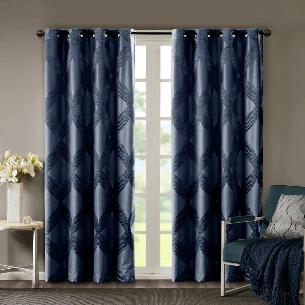 Ogee Knitted Jacquard Total Blackout Curtain Panel Single Piece Navy jla