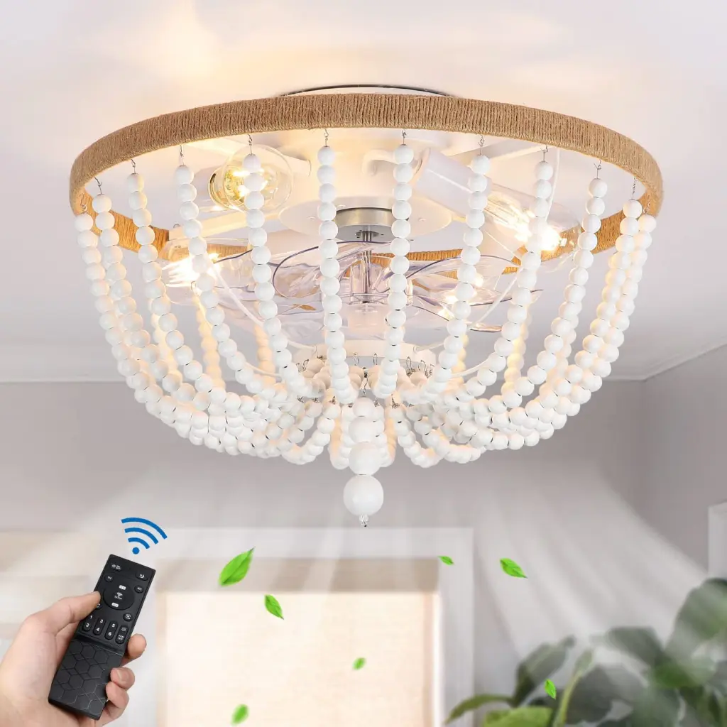 Boho Bladeless Ceiling Fan Light and 5 Bulbs White Solid Timber dfzj