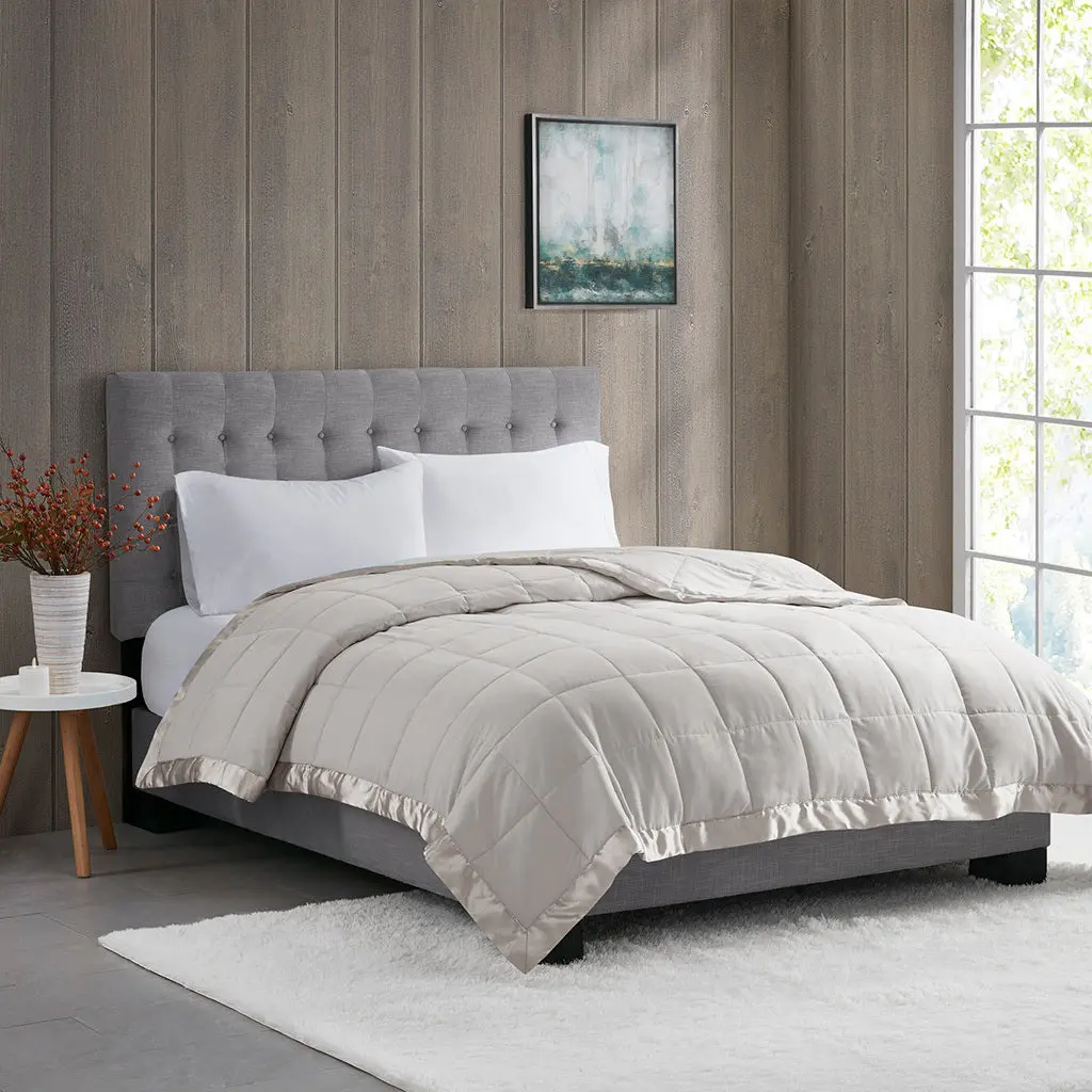 Featherweight Down Alternative Blanket Satin Trim Grey Polyester Cozy jla