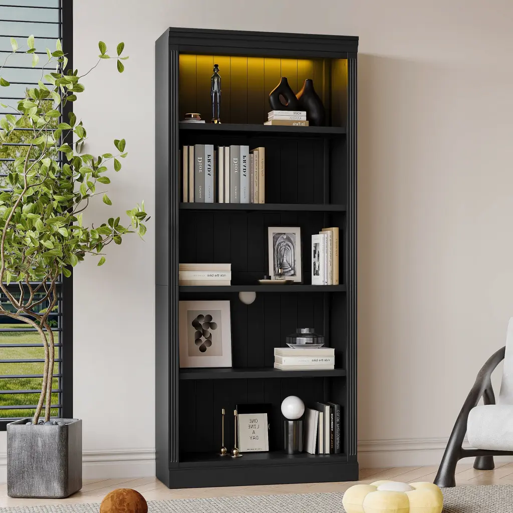 83.4 Inch Tall Timber Bookcase Light Strip 5 Tier Decor Publication Shelves bunny c furniture
