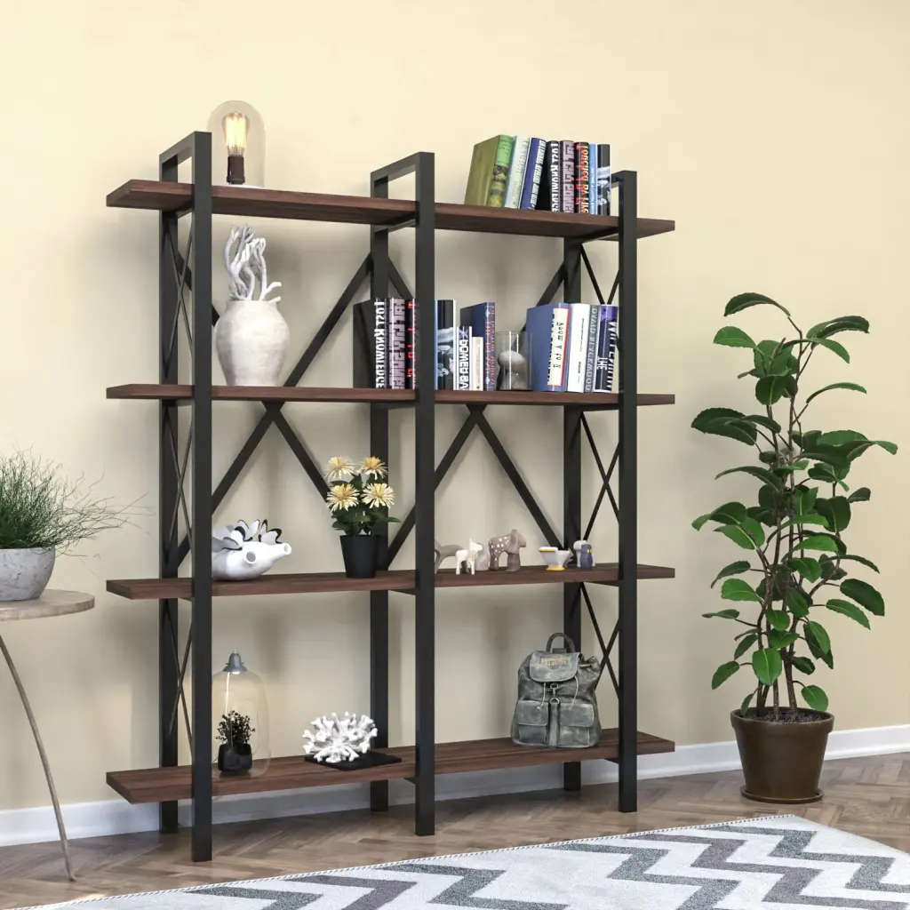 Cunda 5 Tier Walnut Bookcase Metallic Frame Home Office furnia