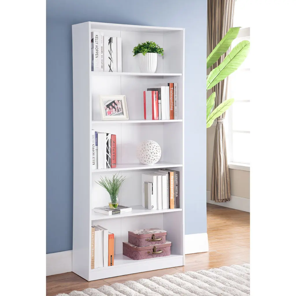 White Bookcase Display Modern Publication Stand Five Shelves White Particle Board id international- inc.