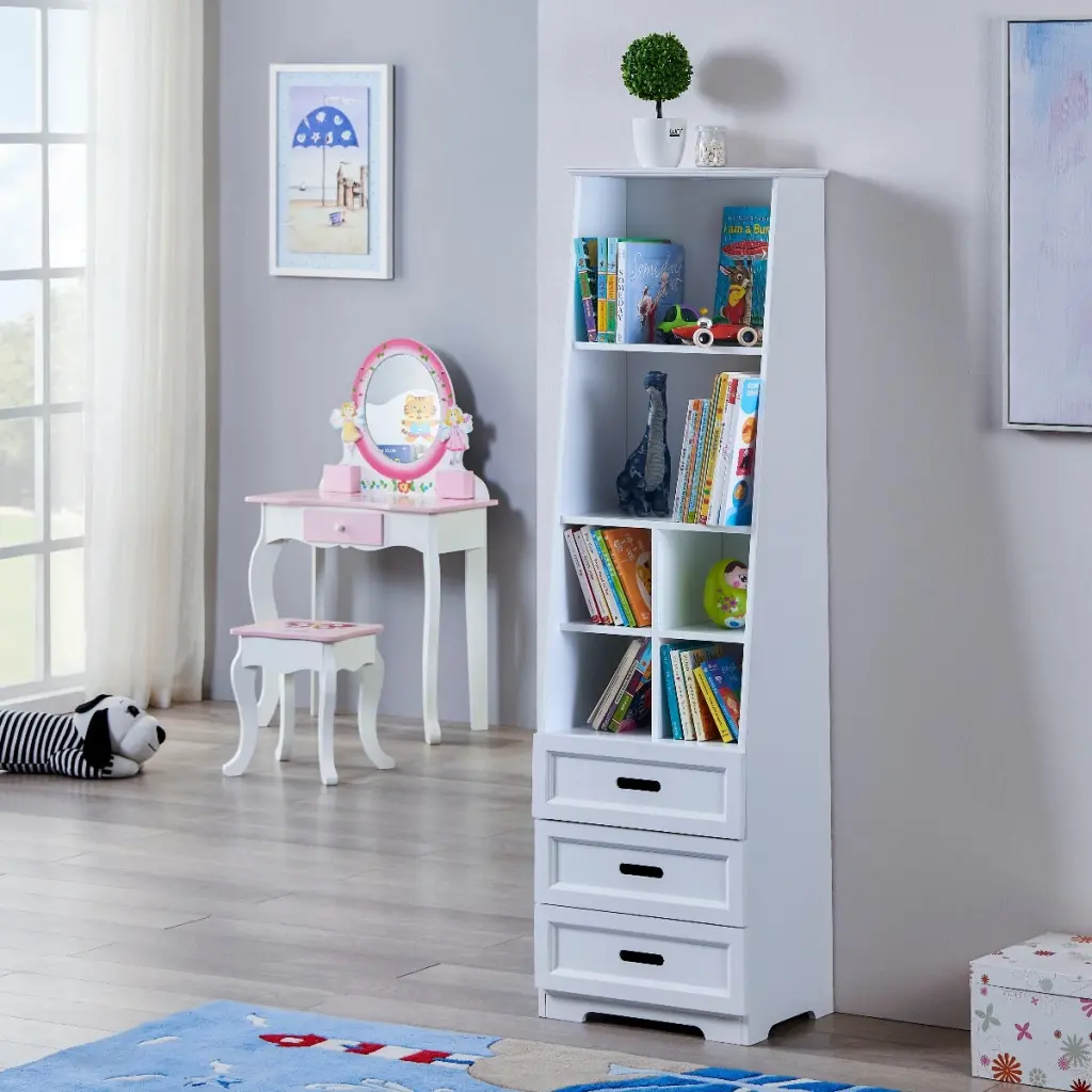 White Bookcase Book Shelf Storage Unit Book Display Organizer Drawers - Modern Home Office Furniture kids funnel