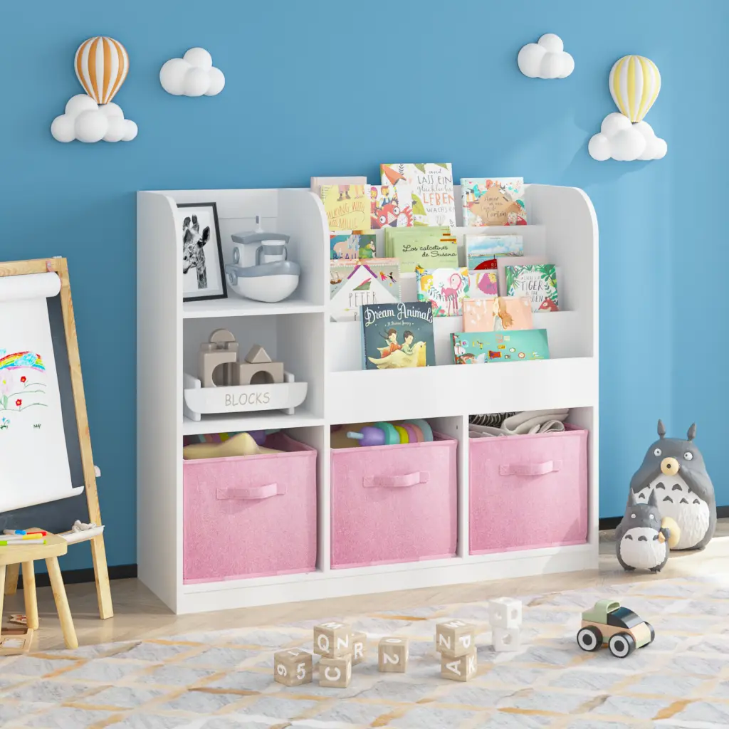 Kids Bookcase And Bookshelf Multifunctional Bookcase 3 Collapsible Bins moonriver