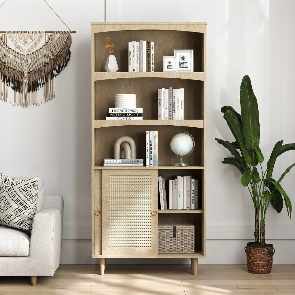 Bookcase Tall 5 Tier Boho Bookshelf Door Storage Customizable Shelves vanvusonfurniture