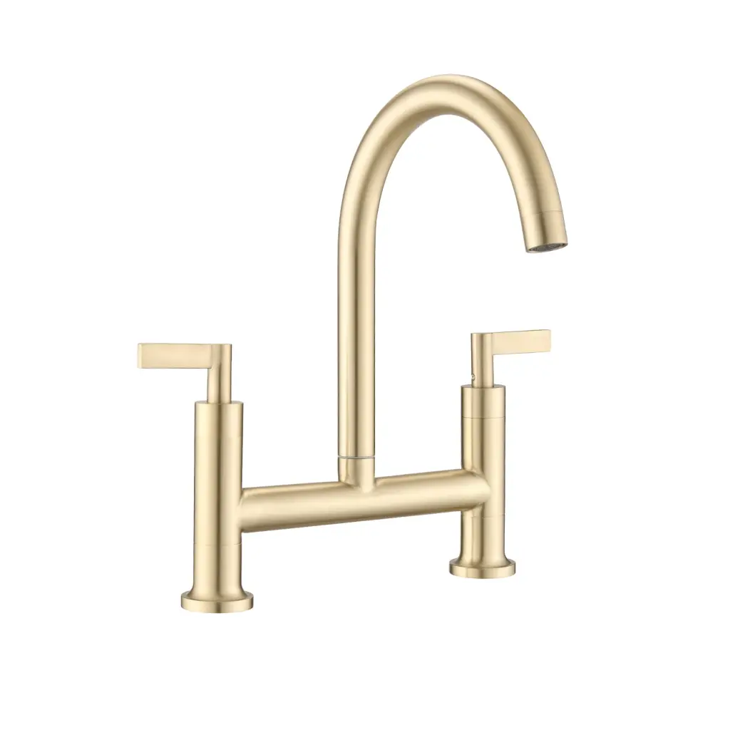 Double Handle Bridge Kitchen Faucet Brushed Precious Metal Stainless Steel w2287
