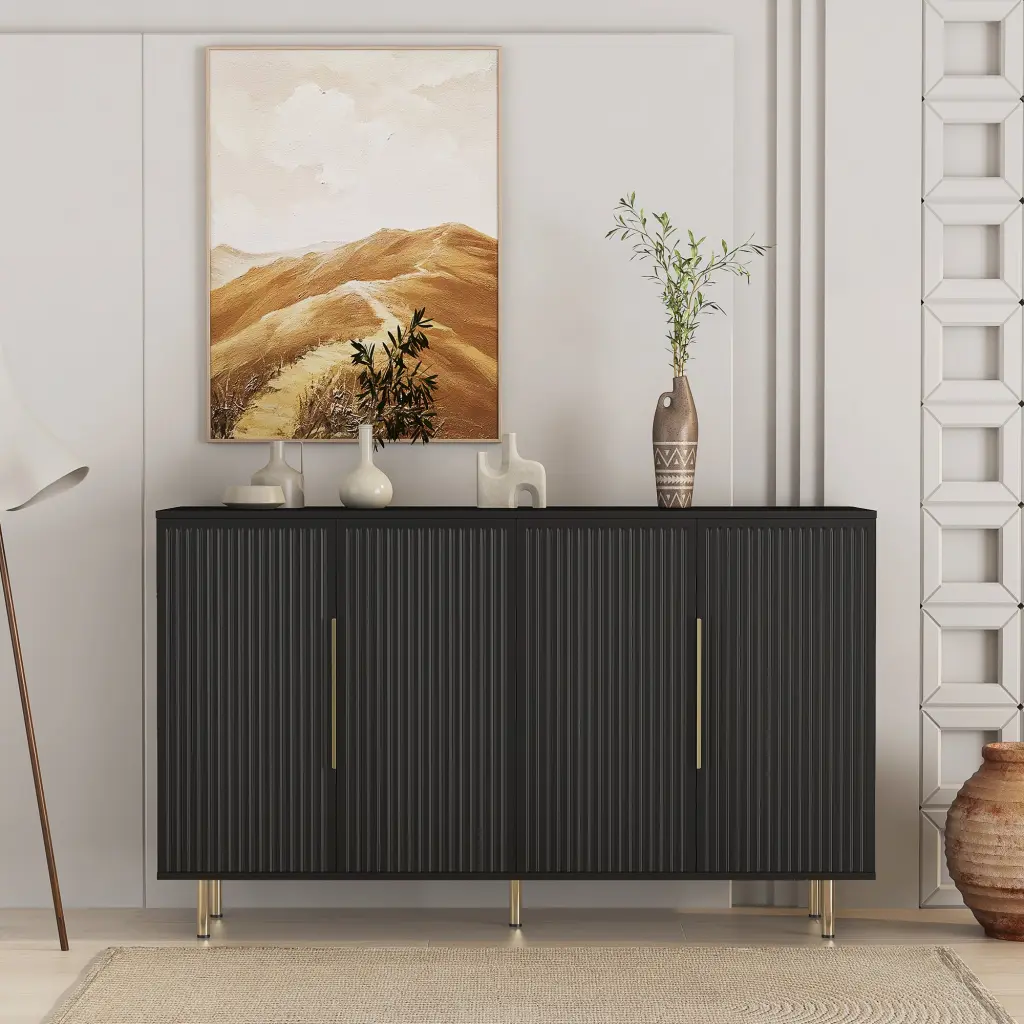 Black Modern Fluted Sideboard Buffet Cabinet Storage dasenwood