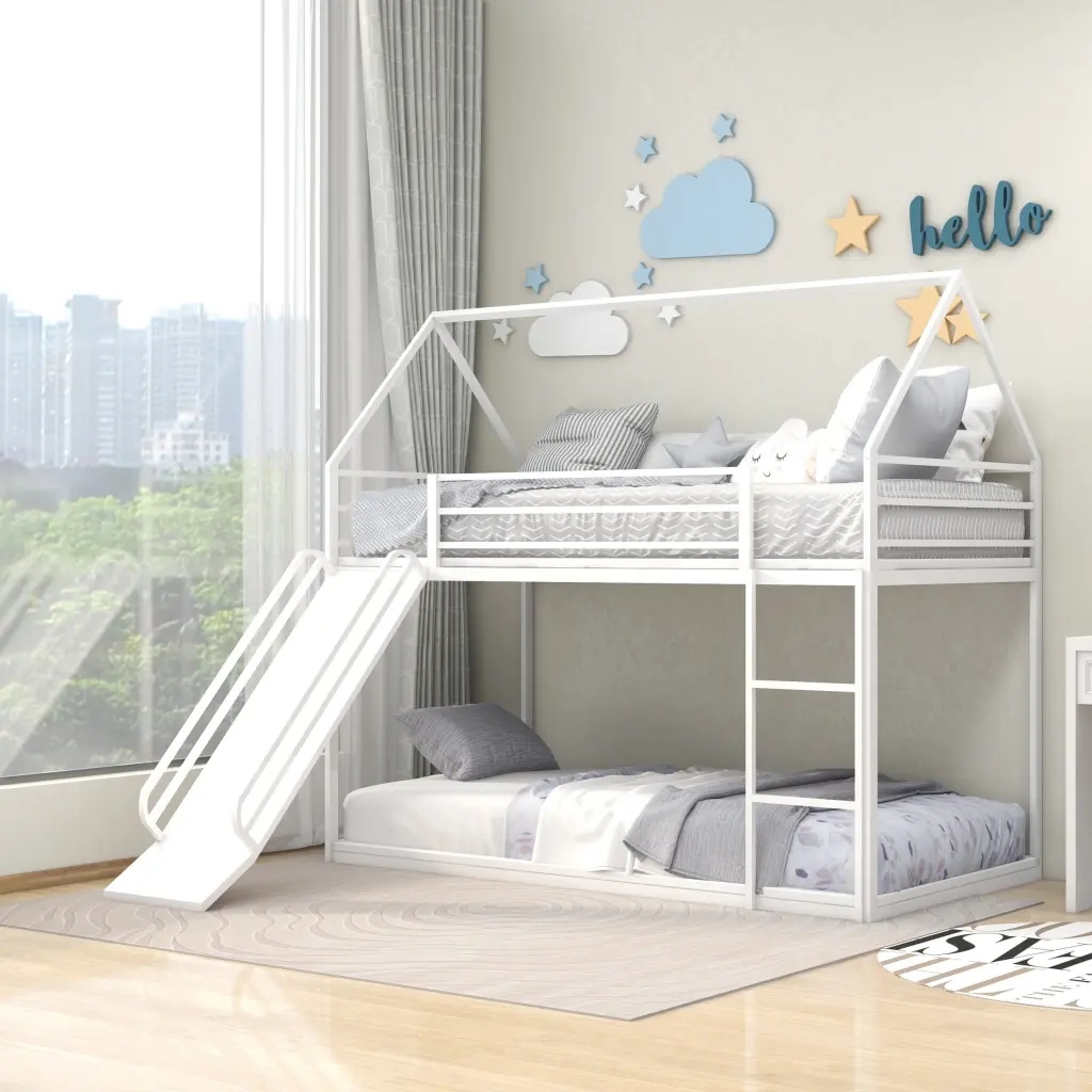 Twin Over Twin Bunk Bed Ladder and Slider White Steel Frame dream link