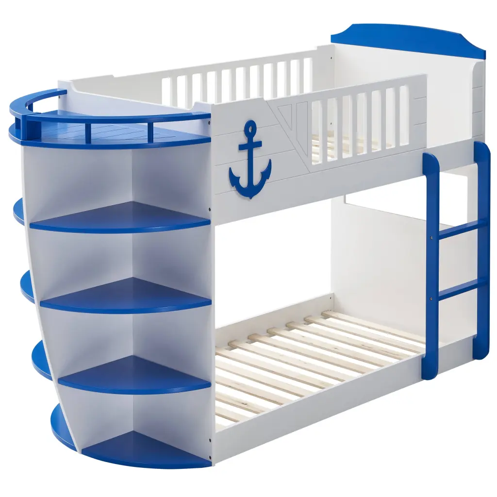 Sky Blue and White Twin Boat Influenced Bunk Bed White Blue MDF Frame furniture max