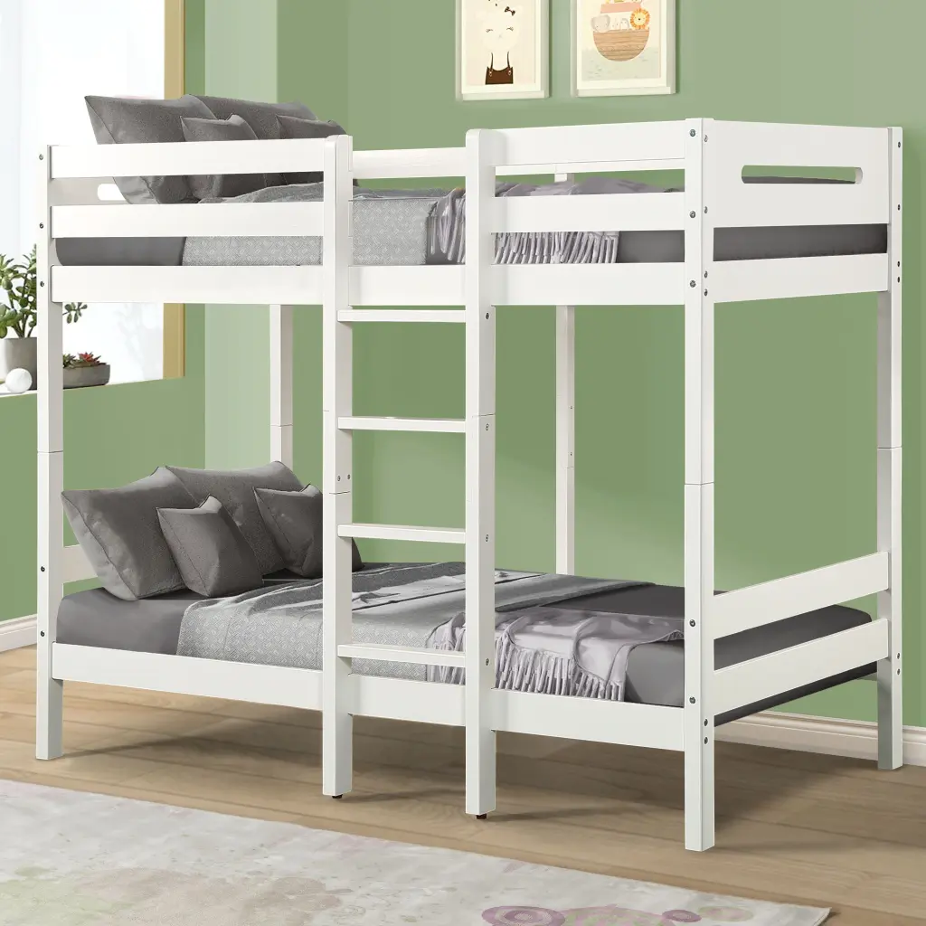 White Twin Over Twin Bunk Bed Ladder Timber Bedroom Furniture Kids furniture max