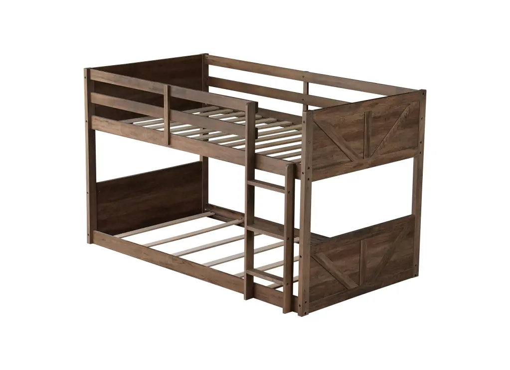 Twin Over Twin Floor Bunk Bed Panelled Headboard and Footboard Space Saving inspirit