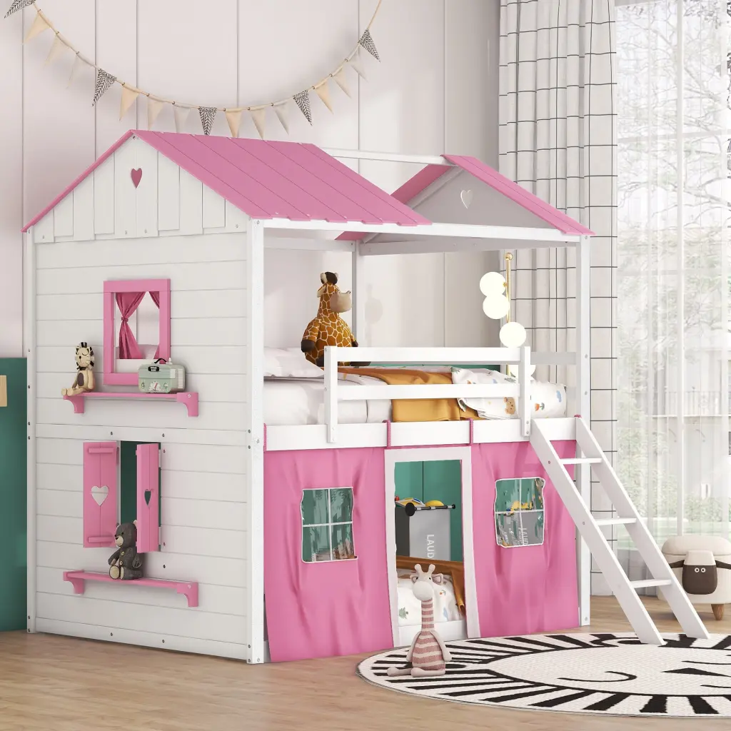 Full Bunk Wood Houtilize Bed Elegant Windows Sills And Tent Pink lucky furniture